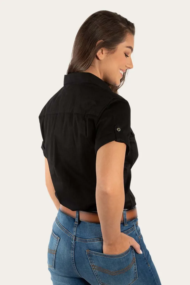 Jules Womens Half Button Short Sleeve Work Shirt - Black/Melon