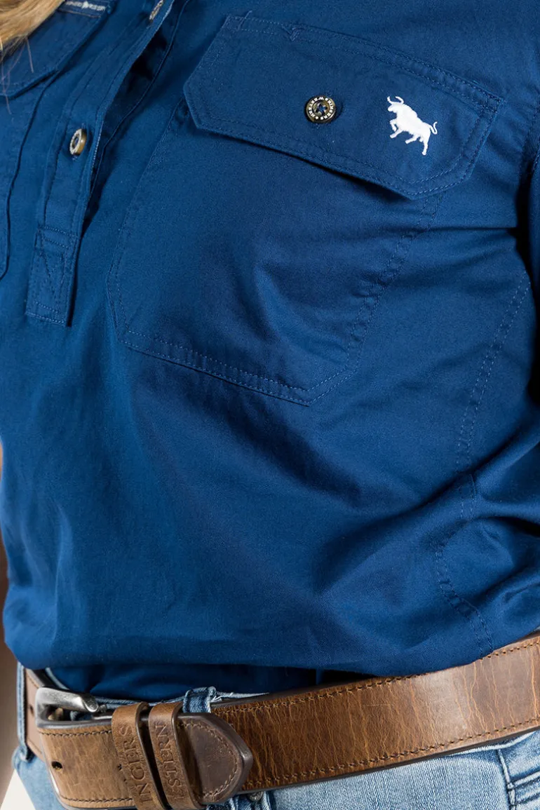 Jules Womens Half Button Short Sleeve Work Shirt - Navy