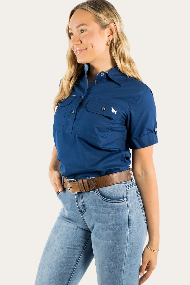 Jules Womens Half Button Short Sleeve Work Shirt - Navy