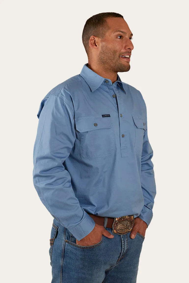 King River Half Button Work Shirt - Denim Blue