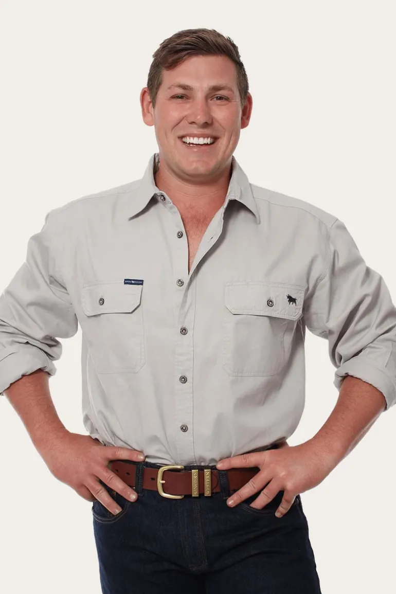 King River Mens Full Button Work Shirt - Beige
