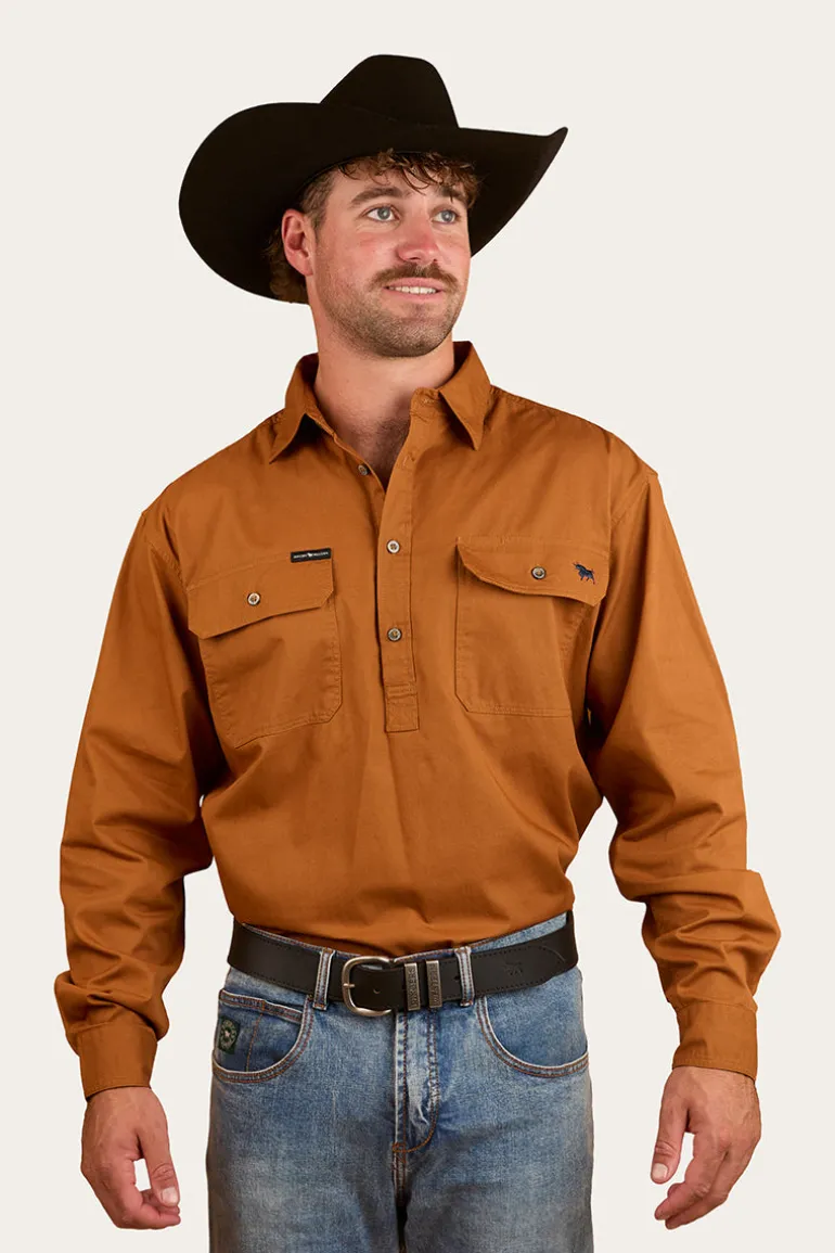 King River Mens Half Button Work Shirt - Tobacco