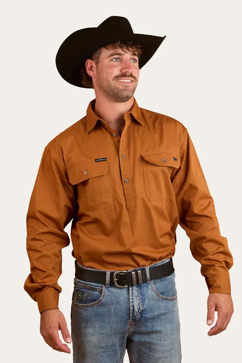 King River Mens Half Button Work Shirt - Tobacco