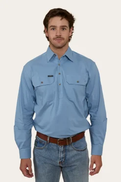 King River Mens Half Button Coolmax Work Shirt - Denim Blue