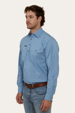 King River Mens Half Button Coolmax Work Shirt - Denim Blue