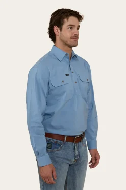 King River Mens Half Button Coolmax Work Shirt - Denim Blue