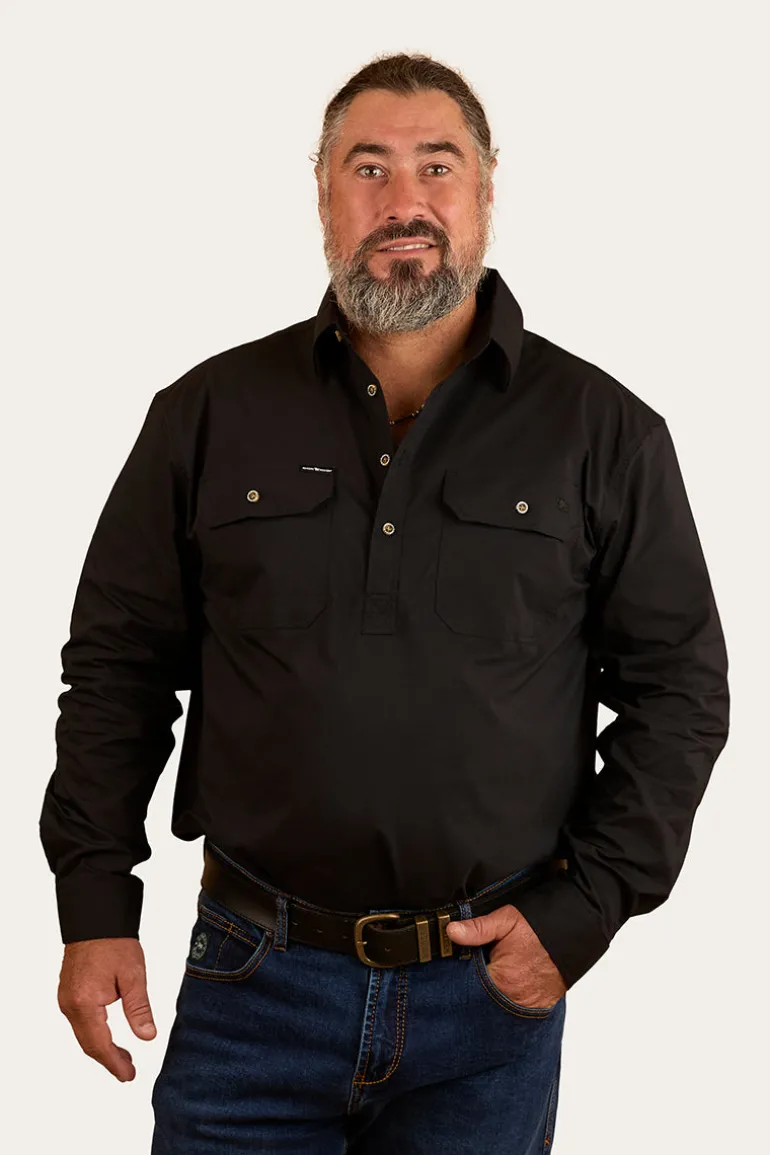 King River Mens Half Button Coolmax Work Shirt - Black