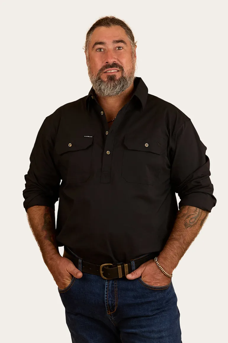 King River Mens Half Button Coolmax Work Shirt - Black