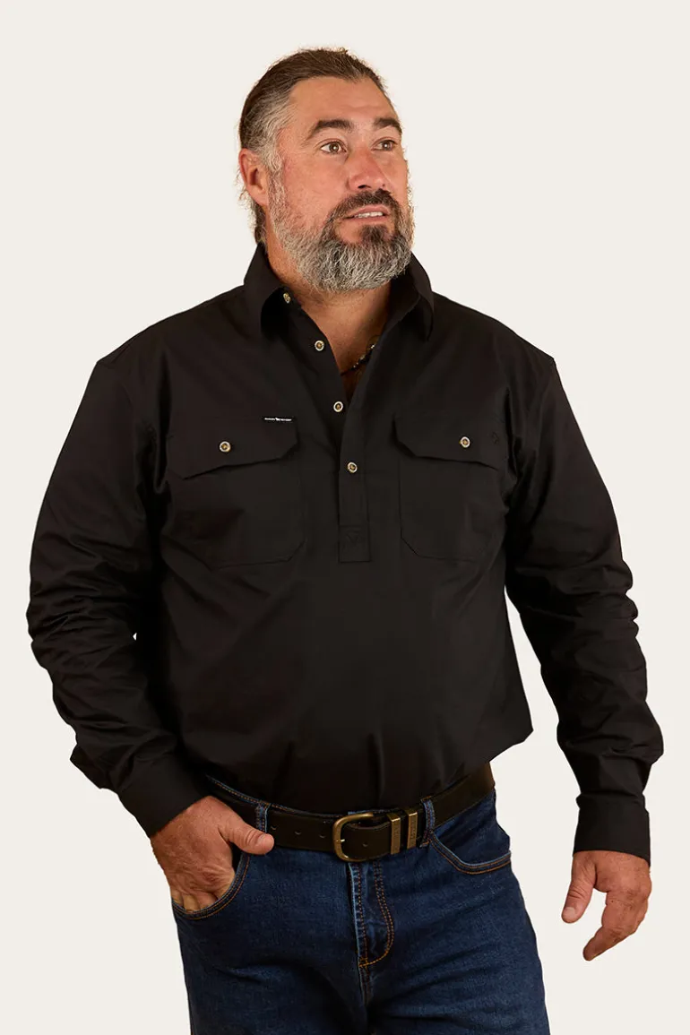 King River Mens Half Button Coolmax Work Shirt - Black