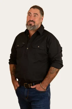 King River Mens Half Button Coolmax Work Shirt - Black