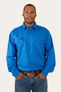 King River Mens Half Button Work Shirt - Blue