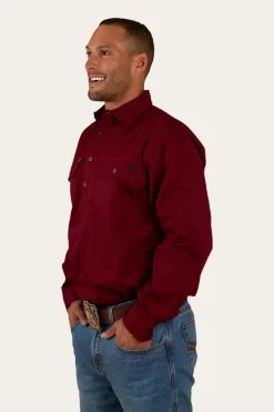 King River Mens Half Button Work Shirt - Burgundy