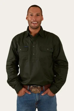 King River Mens Half Button Work Shirt - Cargo Khaki