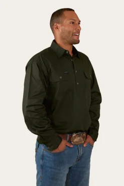 King River Mens Half Button Work Shirt - Cargo Khaki