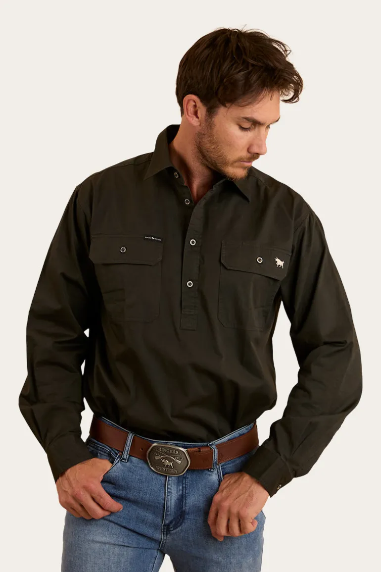 King River Mens Half Button Work Shirt - Charcoal