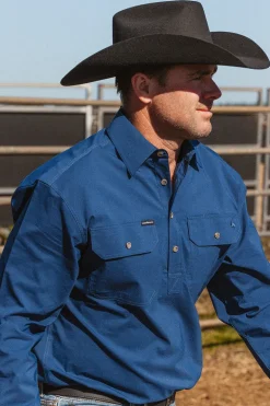 King River Mens Half Button Coolmax Work Shirt - Navy