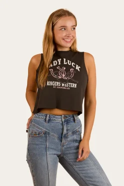 Lady Luck Cropped Muscle Tank - Charcoal