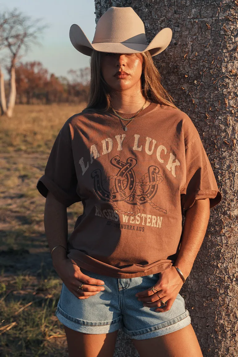 Lady Luck Womens Oversized T-Shirt - Washed Saddle Brown