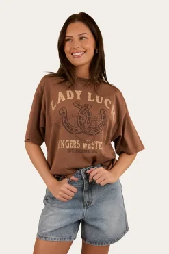 Lady Luck Womens Oversized T-Shirt - Washed Saddle Brown