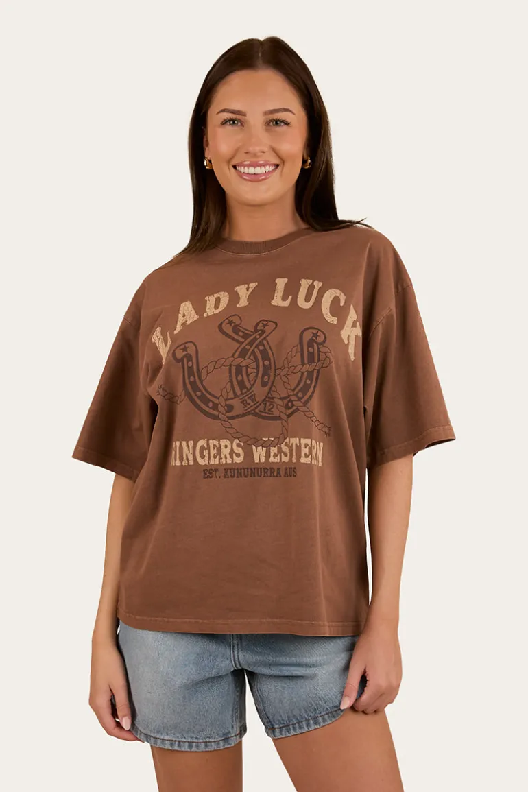 Lady Luck Womens Oversized T-Shirt - Washed Saddle Brown