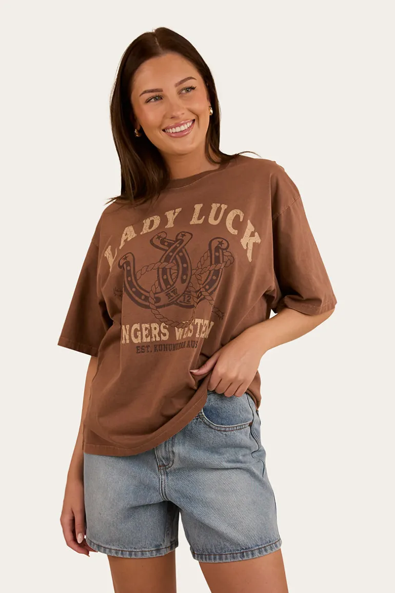 Lady Luck Womens Oversized T-Shirt - Washed Saddle Brown