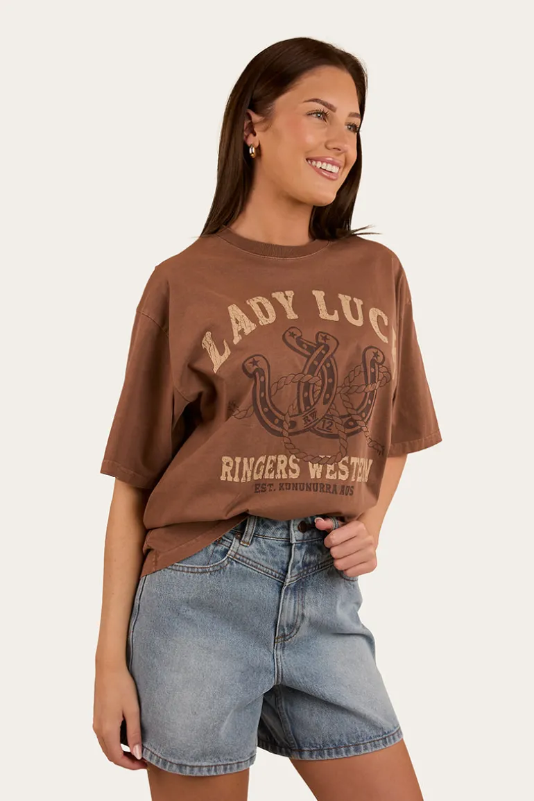 Lady Luck Womens Oversized T-Shirt - Washed Saddle Brown