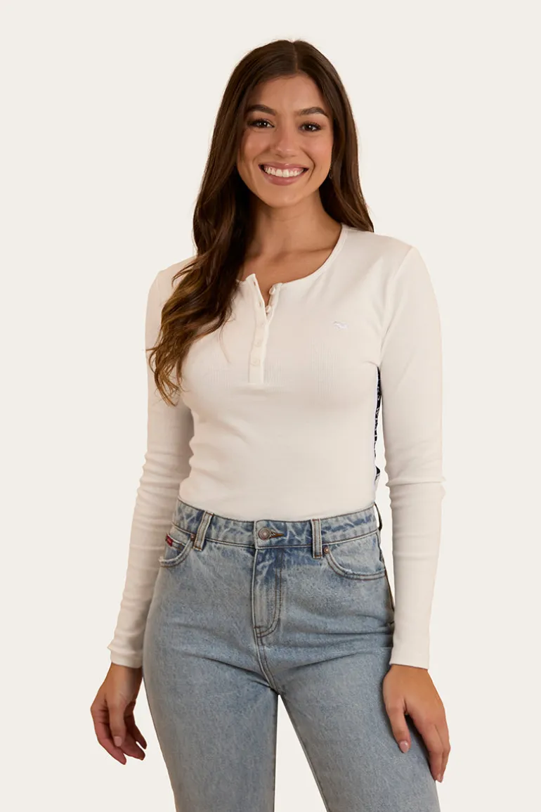 Laila Womens Long Sleeve Rib Top - White