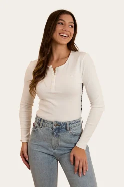 Laila Womens Long Sleeve Rib Top - White