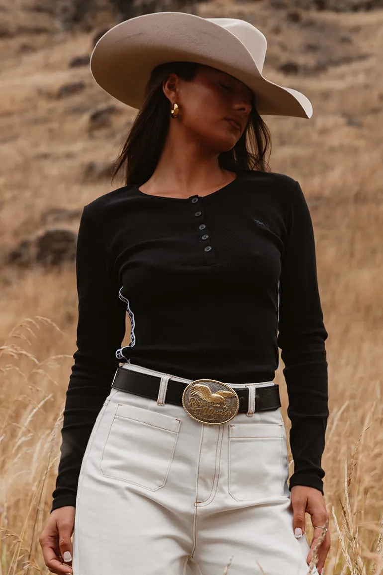 Laila Womens Long Sleeve Rib Top - Black