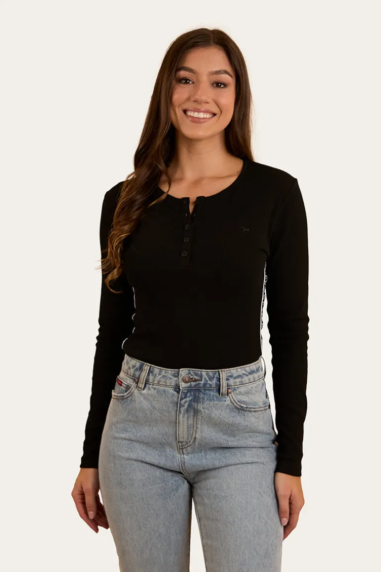 Laila Womens Long Sleeve Rib Top - Black