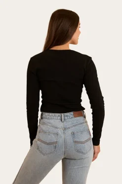 Laila Womens Long Sleeve Rib Top - Black