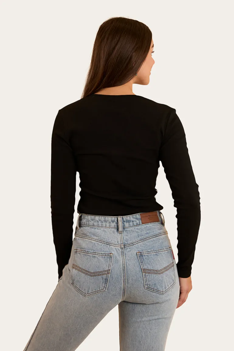 Laila Womens Long Sleeve Rib Top - Black