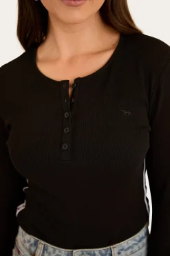 Laila Womens Long Sleeve Rib Top - Black