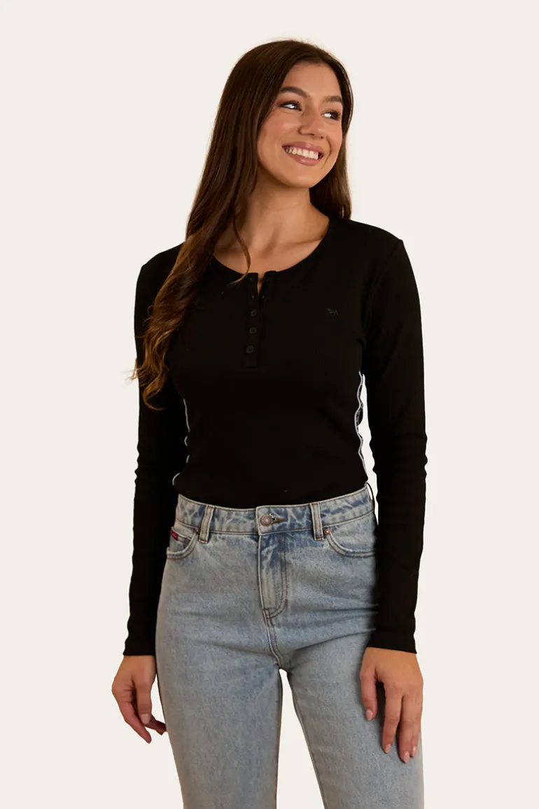 Laila Womens Long Sleeve Rib Top - Black