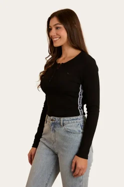 Laila Womens Long Sleeve Rib Top - Black