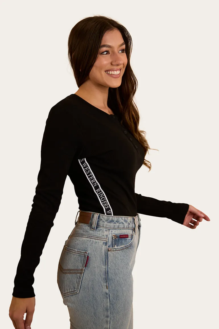 Laila Womens Long Sleeve Rib Top - Black