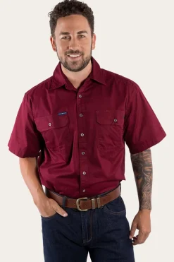 Lake Argyle Mens Short Sleeve Full Button Work Shirt - Burgundy
