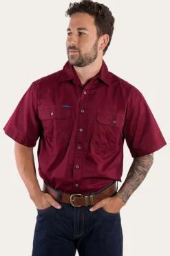 Lake Argyle Mens Short Sleeve Full Button Work Shirt - Burgundy