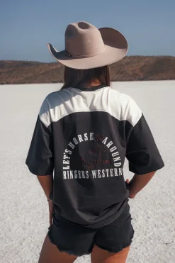 Lets Horse Around Womens Oversized T-Shirt - Washed Black / Off White