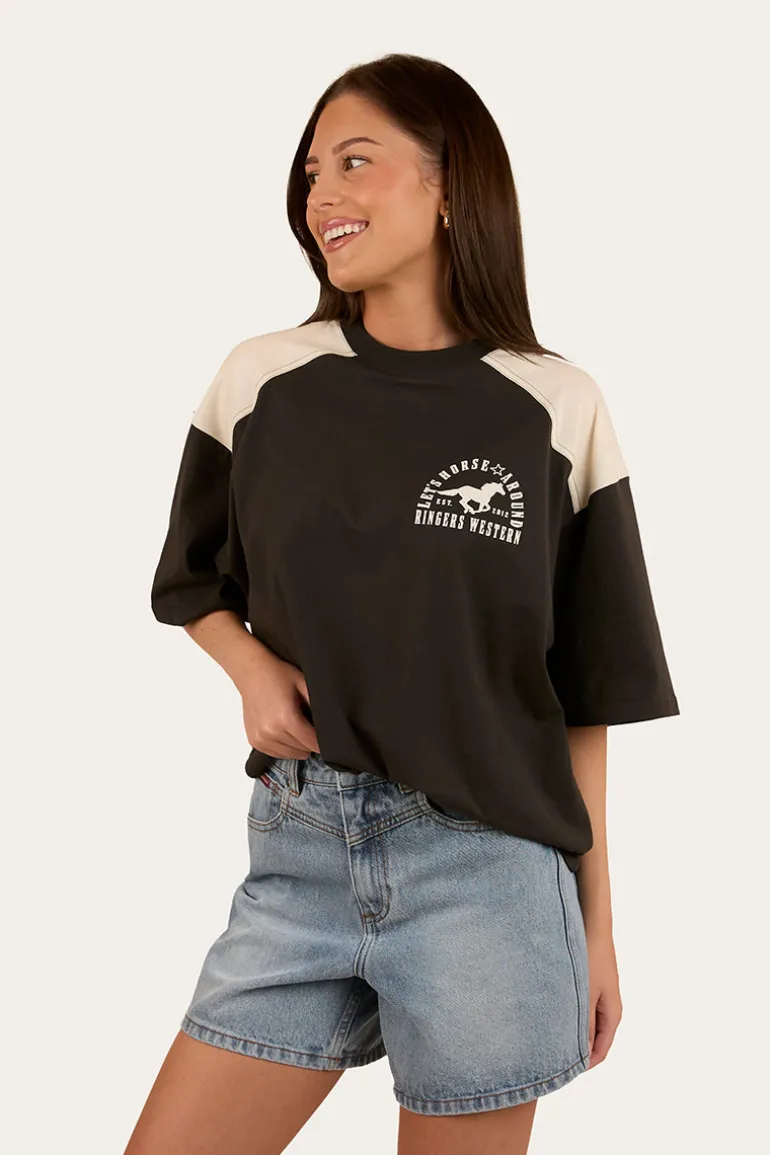 Lets Horse Around Womens Oversized T-Shirt - Washed Black / Off White