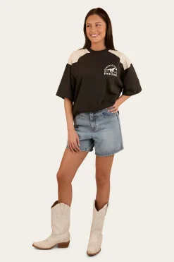 Lets Horse Around Womens Oversized T-Shirt - Washed Black / Off White