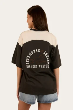 Lets Horse Around Womens Oversized T-Shirt - Washed Black / Off White