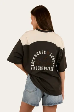 Lets Horse Around Womens Oversized T-Shirt - Washed Black / Off White