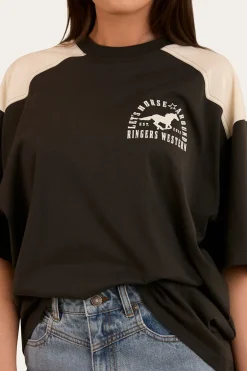 Lets Horse Around Womens Oversized T-Shirt - Washed Black / Off White