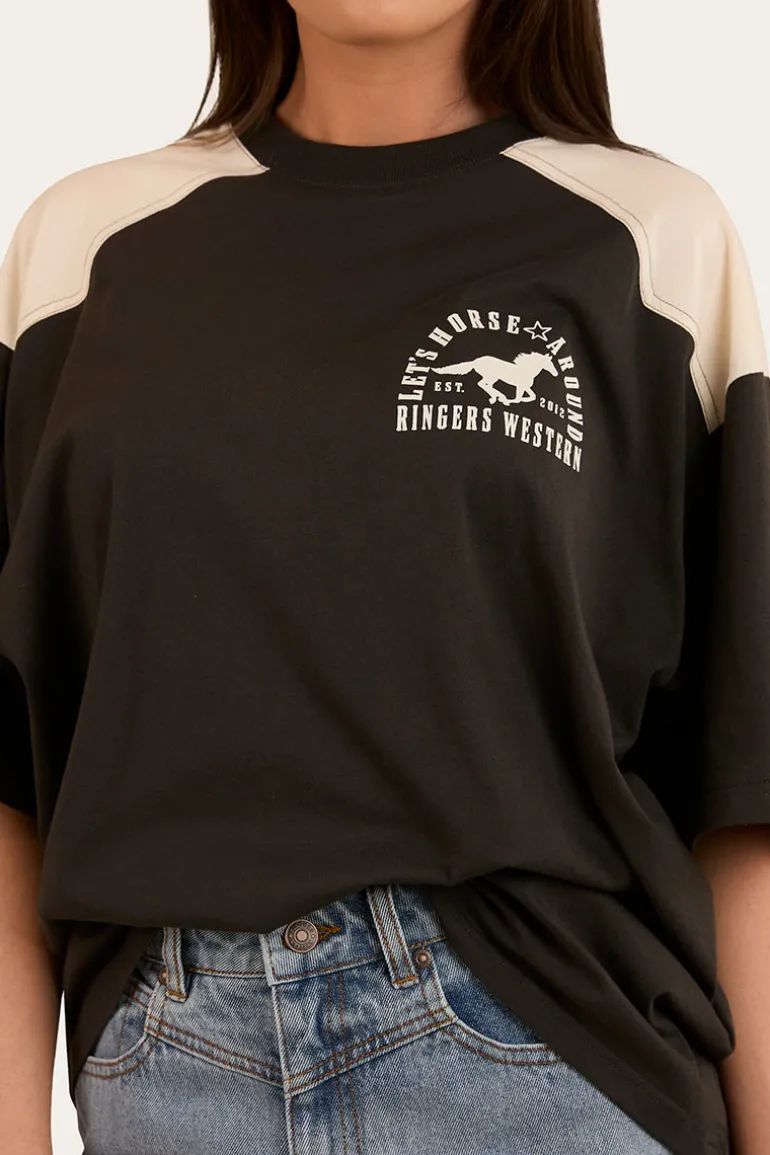 Lets Horse Around Womens Oversized T-Shirt - Washed Black / Off White