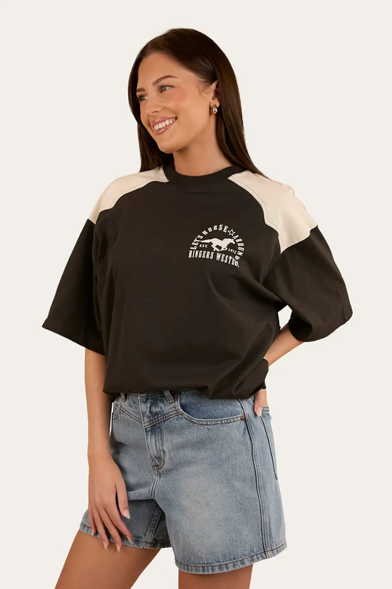 Lets Horse Around Womens Oversized T-Shirt - Washed Black / Off White