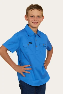 Ord River Kids Half Button Short Sleeve Work Shirt - Blue