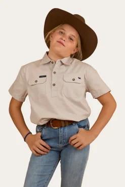 Ord River Kids Half Button Short Sleeve Work Shirt - Beige