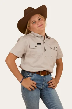 Ord River Kids Half Button Short Sleeve Work Shirt - Beige