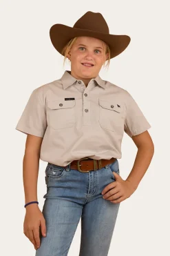 Ord River Kids Half Button Short Sleeve Work Shirt - Beige